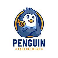 pinguino con cuffia gioco logo design vettore