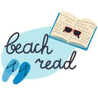 Aperto libro con occhiali da sole e Flip flop. spiaggia leggere. rilassante tempo per leggere.leggere libri amante. vettore
