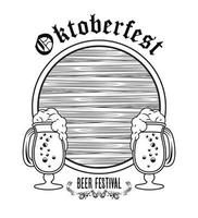 festival di celebrazione dell'oktoberfest con botte di legno e tazze di birra vettore