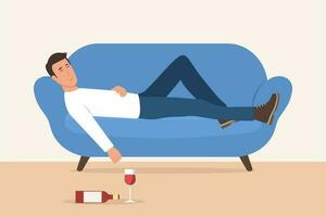 ubriaco uomo addormentato su il divano. vino bicchiere e alcool bottiglia su il piano.donna ha alcool dipendenza. vettore illustrazione