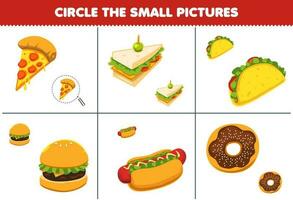 formazione scolastica gioco per bambini cerchio il piccolo immagine di carino cartone animato Pizza Sandwich taco hamburger hot dog ciambella stampabile cibo foglio di lavoro vettore