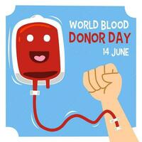 design per mondo sangue donatore giorno con carino cartone animato sangue Borsa e mano vettore