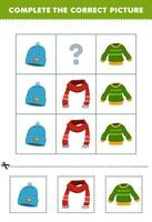 formazione scolastica gioco per bambini per scegliere e completare il corretta immagine di un' carino cartone animato Beanie cappello sciarpa o maglione stampabile indossabile foglio di lavoro vettore