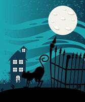 felice celebrazione di halloween card con casa stregata e scena di gatto vettore