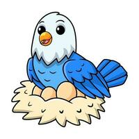 carino blu amore uccello cartone animato con uova nel il nido vettore
