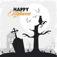 carta di celebrazione di halloween felice con il gatto nel cimitero vettore