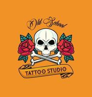 testa di teschio con ossa incrociate e rose fiori tattoo studio grafico vettore