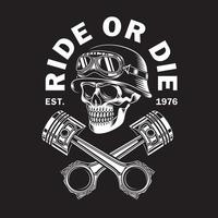 teschio motociclista vintage con pistoni incrociati su fondo nero
