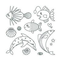 impostato di marino elementi pesce, conchiglie, delfino, pietre nel piatto cartone animato stile. linea arte. vettore