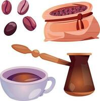 caffè tazza, fagioli, Borsa di caffè fagioli Turco caffè pentola. cartone animato illustrazioni impostato per caffè negozio. vettore