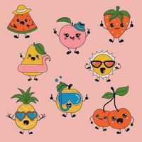 impostato di carino contento divertente frutta con kawaii occhi . vettore illustrazione isolato