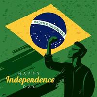 brasile felice celebrazione del giorno dell'indipendenza con bandiera e uomo forte che celebra vettore