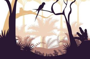 giungla natura selvaggia tramonto paesaggio con scena di pappagallo vettore