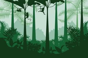 giungla natura selvaggia paesaggio di colore verde con scena di scimmie vettore