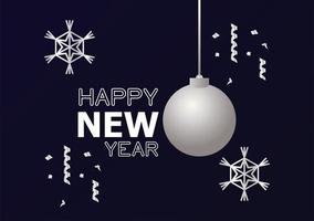 carta di felice anno nuovo con palla d'argento e fiocchi di neve vettore