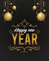 felice anno nuovo lettering card con palline dorate appese a sfondo nero vettore