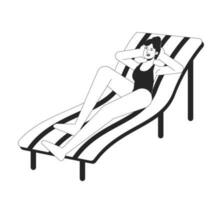 costume da bagno donna dire bugie su ponte sedia piatto linea nero bianca vettore carattere. modificabile schema pieno corpo persona. prendere il sole ragazza su carrozza longue semplice cartone animato isolato individuare illustrazione per ragnatela design