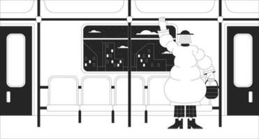 suburbano ferrovia passeggeri nero e bianca lo fi freddo sfondo. femmina la metropolitana passeggeri sta nel treno 2d vettore cartone animato personaggio illustrazione, minimalismo sfondo. anni 80 retrò album arte, linea arte