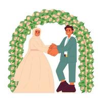 malese nozze piatto concetto vettore individuare illustrazione. bridal hijab donna e sposo 2d cartone animato personaggi su bianca per ragnatela ui design. musulmano matrimonio cerimonia isolato modificabile creativo eroe Immagine