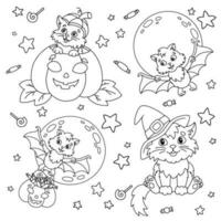 gatto nel un' strega cappello, pipistrello, zucca, Luna. Halloween tema. colorazione libro pagina per bambini. cartone animato stile. vettore illustrazione isolato su bianca sfondo.