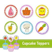 Cupcake toppers. impostato di sei il giro immagini. cartone animato personaggi. carino Immagine. per compleanno, bambino doccia. isolato su bianca sfondo. vettore illustrazione.