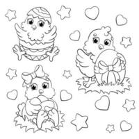 set di simpatici polli pasquali. pagina del libro da colorare per bambini. personaggio in stile cartone animato. illustrazione vettoriale isolato su sfondo bianco.