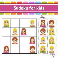 sudoku per bambini. formazione scolastica sviluppando foglio di lavoro. attività pagina con immagini. puzzle gioco per bambini. logico pensiero addestramento. divertente carattere. vettore illustrazione.