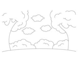 paesaggio con alberi e cespugli. colorazione libro pagina per bambini. cartone animato stile carattere. vettore