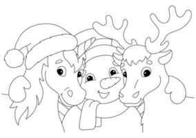 unicorno, cervo e pupazzo di neve per natale. pagina del libro da colorare per bambini. personaggio in stile cartone animato. illustrazione vettoriale isolato su sfondo bianco.