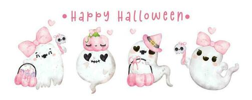 gruppo di carino contento Sorridi kawaii fantasma rosa buongiorno , contento Halloween, cartone animato personaggio acquerello mano dipinto vettore bandiera