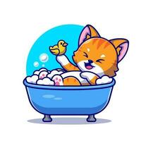 carino gatto bagno nel il bagno vasca con anatra giocattoli cartone animato vettore icona illustrazione. animale natura icona concetto isolato premio vettore. piatto cartone animato stile
