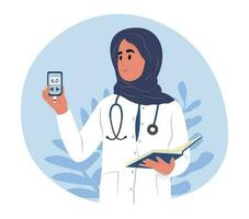 mondo diabete giorno striscione. un' giovane sorridente musulmano femmina medico detiene un' glucometro nel il suo mani per misurazione zucchero. vettore