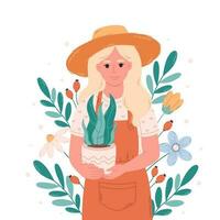 donna giardiniere con in vaso Casa pianta. giardiniere, fioraio, contadino, botanica, venditore nel un' fiore negozio vettore