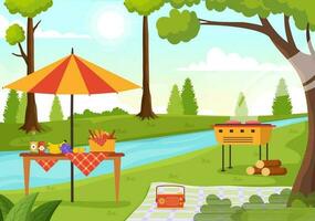 picnic all'aperto vettore illustrazione di persone seduta su un' verde erba nel natura su estate vacanza vacanze nel piatto cartone animato mano disegnato modelli