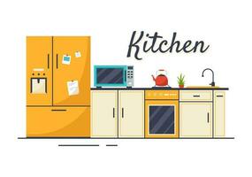 cucina architettura vettore illustrazione con mobilia e interno come come tavolo, stufa e frigo nel piatto cartone animato mano disegnato sfondo modelli