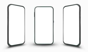 realistico moderno smartphone modello con pulire, minimalista stile. 3d prospettiva mobile Telefono telaio con vuoto Schermo. modello per presentazione ui, UX mobile disegni. vettore
