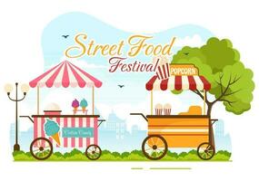 strada cibo Festival evento vettore illustrazione con persone e Alimenti camion nel estate all'aperto città parco nel piatto cartone animato mano disegnato modelli