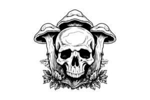 umano cranio con funghi nel incisione stile. vettore incisione schizzo illustrazione per tatuaggio e Stampa design.