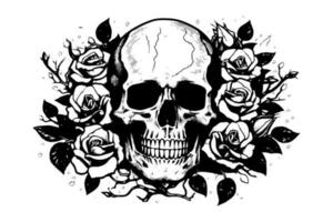 umano cranio nel un' fiore telaio incisione stile. vettore incisione schizzo illustrazione per tatuaggio e Stampa design.