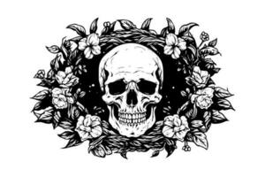 umano cranio nel un' fiore telaio incisione stile. vettore incisione schizzo illustrazione per tatuaggio e Stampa design.