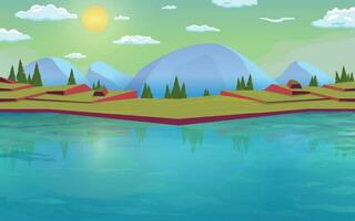 cartone animato sera sfondo grande acqua lago e paesaggio la zona con montagne, alberi, cielo, nuvole vettore illustrazione