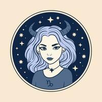 Capricorno donna zodiaco cartello, bellissimo ragazza viso, oroscopo simbolo vettore