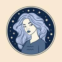 Acquario donna zodiaco cartello, bellissimo ragazza viso, oroscopo simbolo vettore