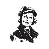 contento ragazza indossare cappotto e berretto, Vintage ▾ logo linea arte concetto nero e bianca colore, mano disegnato illustrazione vettore