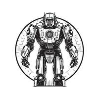 scienza finzione militare robot guerriero, Vintage ▾ logo linea arte concetto nero e bianca colore, mano disegnato illustrazione vettore