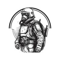 eroico militare scienza finzione, Vintage ▾ logo linea arte concetto nero e bianca colore, mano disegnato illustrazione vettore