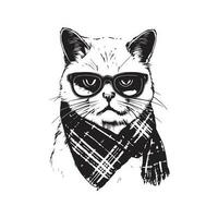 Scozzese gatto indossare occhiali da sole e sciarpa, Vintage ▾ logo linea arte concetto nero e bianca colore, mano disegnato illustrazione vettore