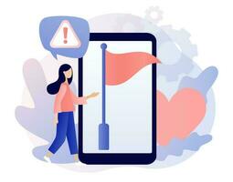 rosso bandiera avvertimento su smartphone schermo. Attenzione o mettere in guardia per minaccia nel relazioni, collaborazione, attività commerciale. metafora problema, guaio e difficoltà. moderno piatto cartone animato stile. vettore illustrazione