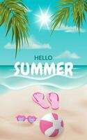 Ciao estate. realistico 3d vettore illustrazione di un' tropicale spiaggia con spiaggia sfera, Flip flop, cuore sagomato occhiali da sole su il sabbia. palma le foglie. Perfetto per vacanze, estate vacanze