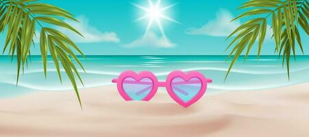 vettore illustrazione di un' spiaggia scena con un' paio di cuore sagomato occhiali da sole, un occhiali, e un' palma albero. per carte, manifesti, striscioni, e altro disegni. ideale per estate vacanze. Ciao estate